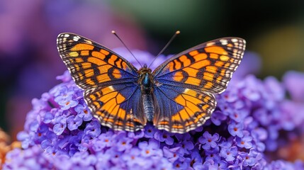 Naklejka premium A monarch butterfly rests on a purple flower, its wings spread wide, showing vivid patterns and stunning detail in high definition.