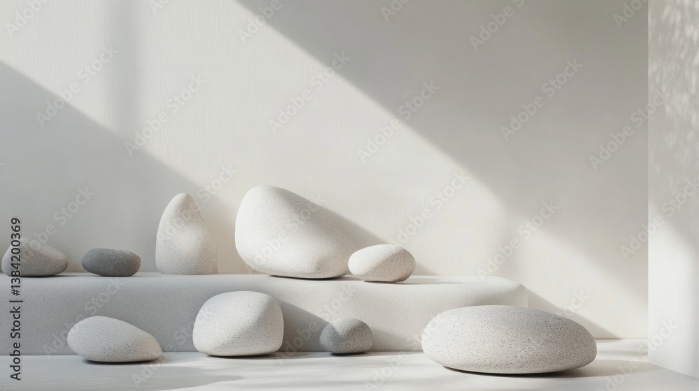 Aufkleber minimalist arrangement of smooth river stones on white surface with soft lighting showcasing neutral