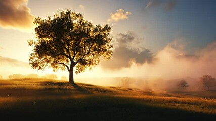 Solitary tree at sunrise, misty field, golden light - Powered by Adobe