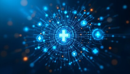 Digital healthcare network, glowing medical cross symbol