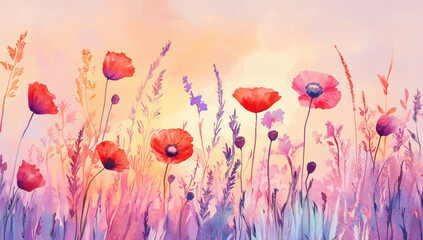 Obraz premium Impressionistic Watercolor Painting of Red Poppy Flowers in a Field at Sunset with Purple Hues and a Dreamy Artistic Background