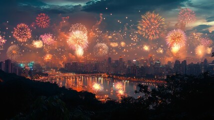 Fototapeta premium Cityscape Fireworks Night River Celebration