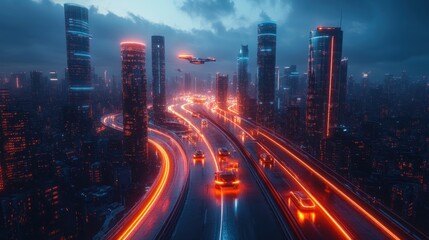 Obraz premium Futuristic city highway at twilight with neon lights, flying vehicles, and skyscrapers