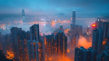 Fototapeta premium Hong Kong city skyline at dawn, fog-shrouded skyscrapers, vibrant lights, overlooking cityscape