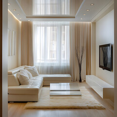 A living room with a white couch