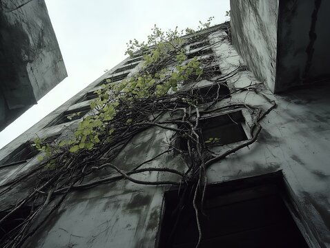 overgrown abandoned building, vertical perspective, vines, nature reclaiming, decay, urban exploration.