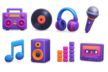 Retro music vibes. 3d y2k music icons with headphones, vinyl, microphone, and more.