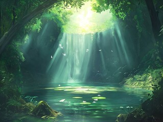 Fototapeta premium cave entrance, light beams, green water, mystical landscape