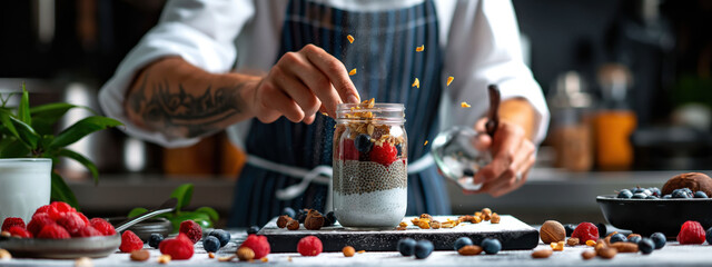 A chef meticulously layers chia pudding with coconut milk, fresh berries, and toasted nuts in a glass jar. Natural light enhances the vibrant breakfast setting