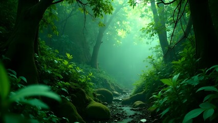 Fototapeta premium Sunlight streams through the trees, creating a serene and peaceful atmosphere the dense greenery of a forest