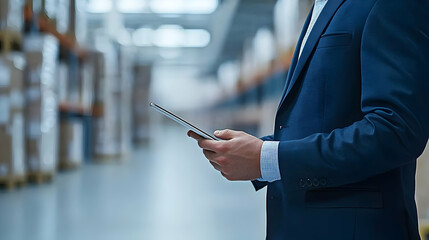 Businessman Examining Inventory On Tablet In Warehouse