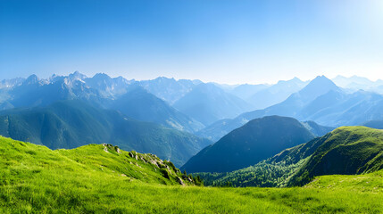 Fototapeta premium Panoramic View Of Lush Green Valley And Mountain Range