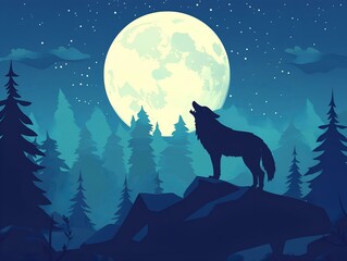 wolf silhouette, moonlit forest, dark blue and green tones, mystical atmosphere, night scene