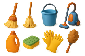 Essential cleaning tools. 3d visuals featuring mop, bucket, vacuum, and more
