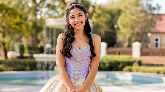 Smiling Hispanic teenage girl posing wearing her quinceanera fancy outfit posing for a formal portrait in a beautiful park