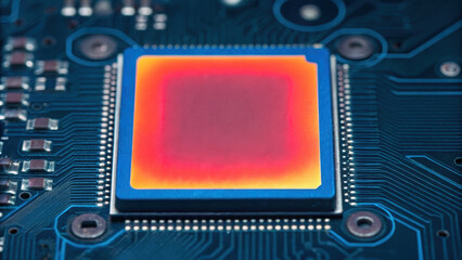 Fototapeta premium close up view of microchip on circuit board, highlighting intricate details of simulation and engineering in technology