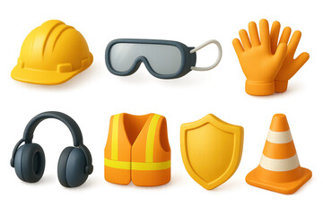 Essential 3d protective gear icons: helmet, goggles, gloves, headphones, vest, shield, cone
