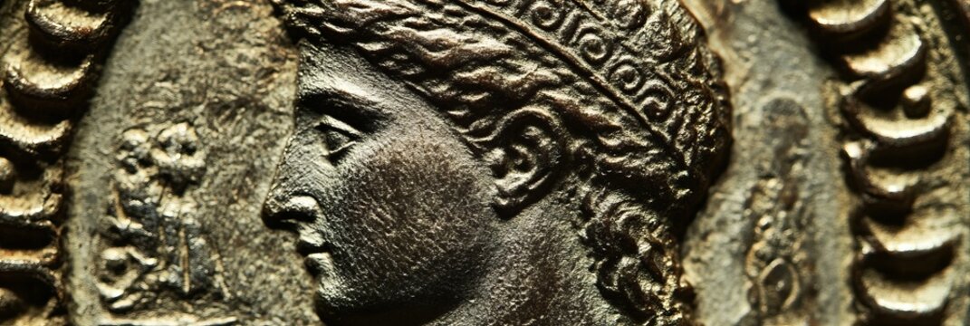 Ancient coin featuring a profile portrait with a wreath on a textured background.