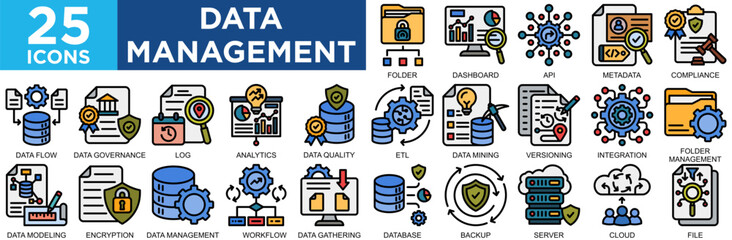data management, analysis, management, business, technology, data, icon set. Outline icons collection. Simple vector illustration