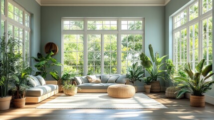 Sunlit living room with ample greenery, light blue walls, and large windows