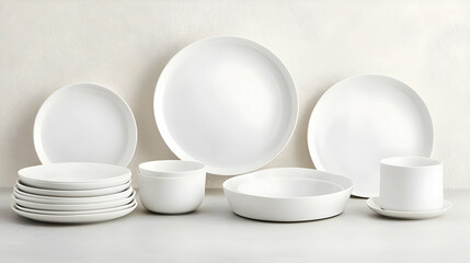 White ceramic dishware collection on a neutral textured surface with stacked plates various sizes bowls and drinkware arranged for dining
