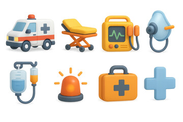 Fototapeta premium Medical emergency essentials. 3d icons featuring ambulance, stretcher, defibrillator, and more