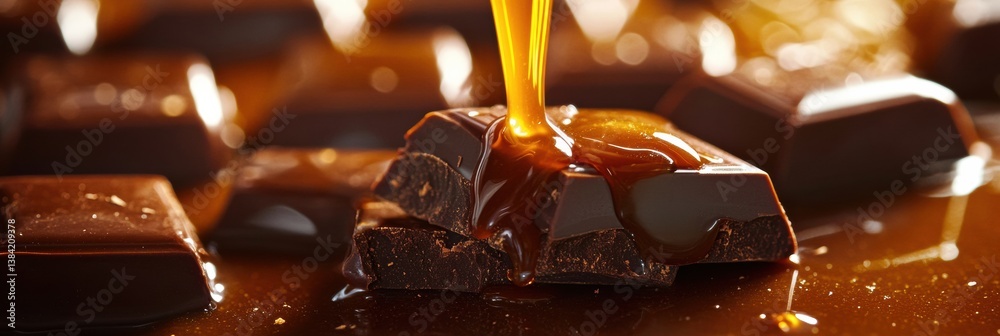 Poster indulgent dark chocolate squares with dripping caramel under soft golden lighting creating a luxurio