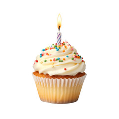 delightful birthday cupcake topped with fluffy frosting, colorful sprinkles, and lit candle, perfect for celebrations