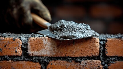 Fototapeta premium Close-up of a hand applying mortar to bricks during construction