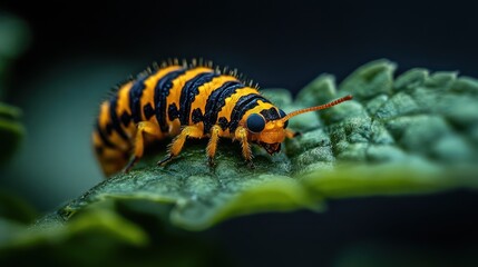 Naklejka premium A tiny caterpillar feeds on a leaf, its segmented body and legs in sharp detail, surrounded by soft green foliage and visible leaf veins.