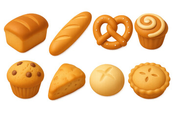 3d bakery icons. perfect assortment: bread, pretzel, muffin, pastry, pie.