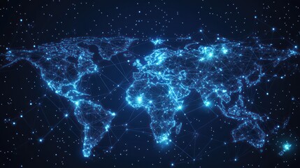 Fototapeta premium Global Network Connections Illuminated World Map, Space Background, Digital Communication