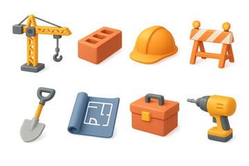 Construction essentials. 3d icons featuring tools, gear, and plans