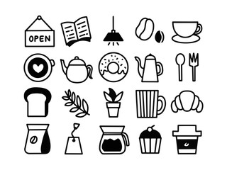 シンプルなカフェ・コーヒーの手描き風アイコン素材セット－食べ物・ティーブレイクのイラスト