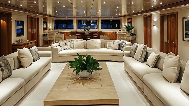 Luxurious yacht interior with beige sofas, coffee table, and wooden accents.