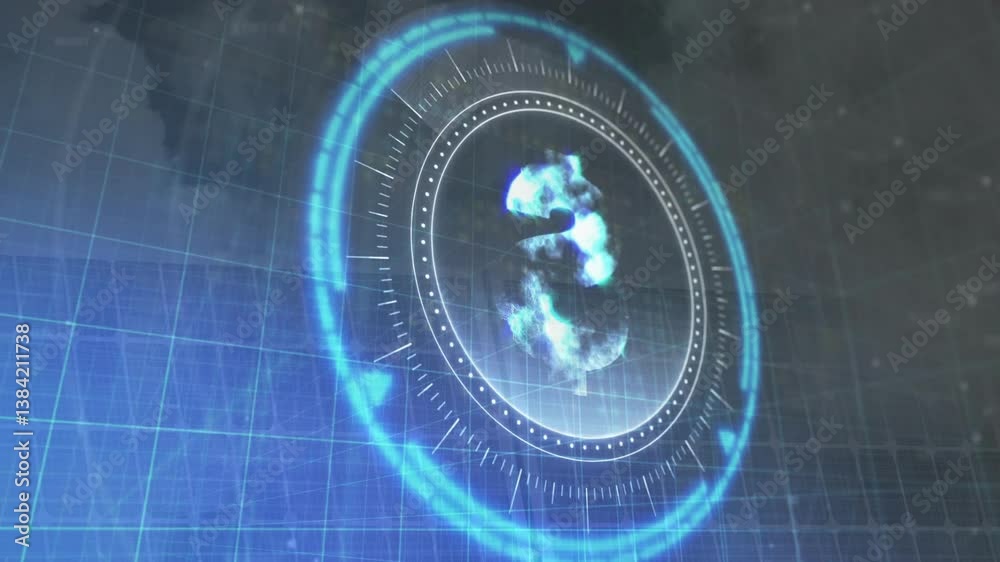 Poster rotating blue holographic elements on digital interface with grid background animation