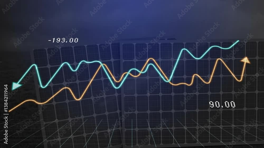 Poster graphs showing fluctuating data over solar panels in digital animation