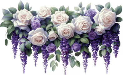 Elegant purple and white roses with cascading wisteria flowers watercolor border arrangement for wedding invitations