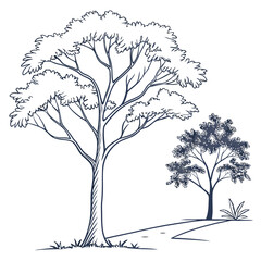 Minimal CAD-style tree line drawings in side view — a set of outlined vector tree elements for architectural and landscape design. Includes tropical and street trees in clean, white stroke-filled illu