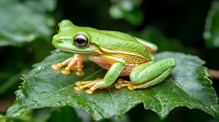 Obraz premium Green Frog On Wet Leaf In Tropical Rainforest