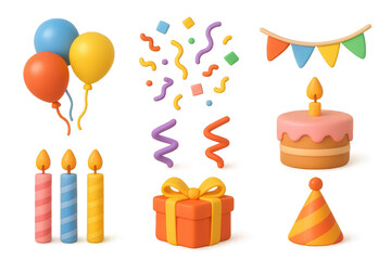 Celebrate in style: festive 3d party icons featuring balloons, confetti, cake, and more!