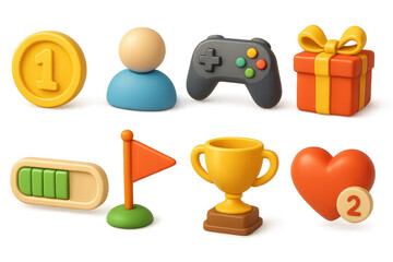 Fototapeta premium Mobile game icons: 3d collection of gaming, rewards, and social elements