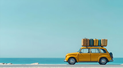 Yellow Retro Car With Luggage On Rooftop At Beach