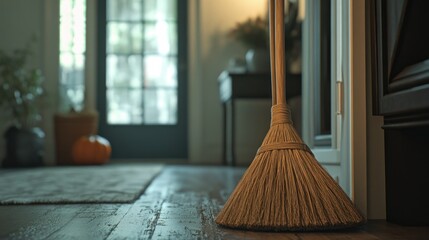 A wooden broom leaning against an interior doorway with blurred background