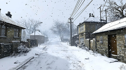 Snowy Village Street Scene In Winter