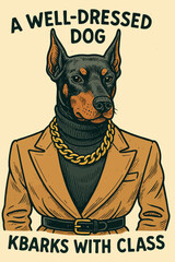Dog Cartoon Illustration Wearing Clothes and Jewelry in Formal Style