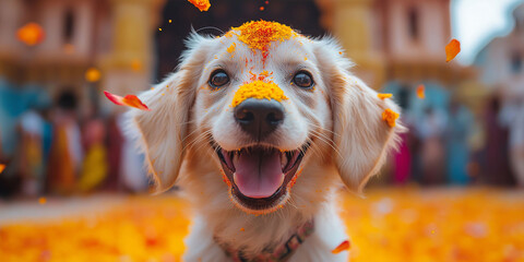 Happy and cute d og on kukur tihar festival, decorations of gratitude and festivity