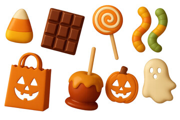 Delightful halloween sweets. 3d icons of candy corn, lollipops, and more