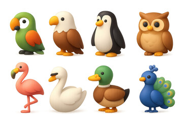 Naklejka premium Charming bird icons. 3d parrot, eagle, penguin, owl, flamingo, swan, duck, peacock.