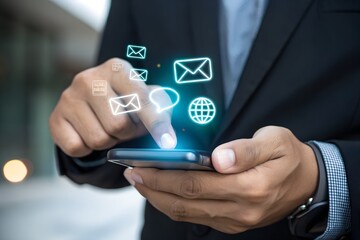 Alert notification concept. Push Notifications, Web Reminders, Time Table and Announcements. Person using smartphone with notification icon on virtual screen.